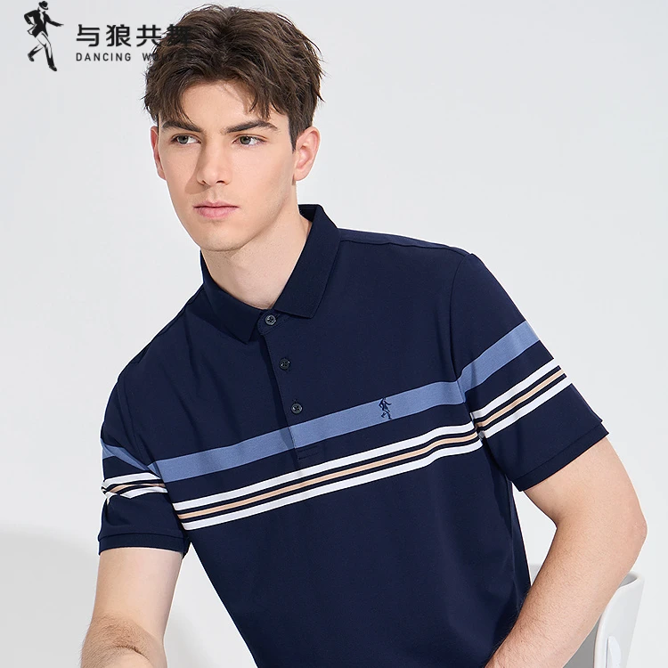 【含桑蚕丝】与狼共舞短袖POLO衫男夏季简约休闲条纹短polo上衣男