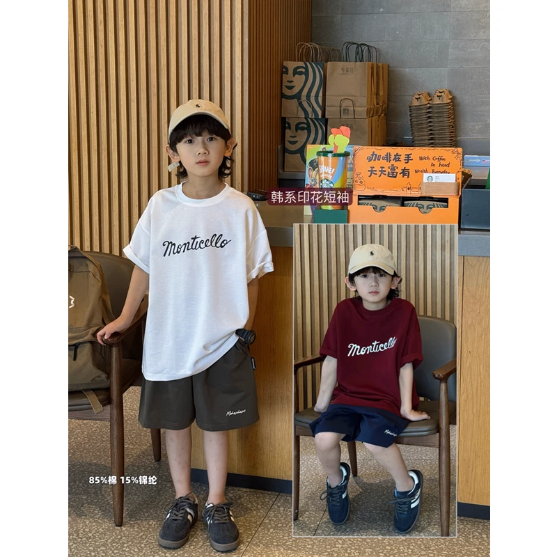 凯文家童装2025夏季新品男童中大童韩版字母印花儿童冰凉短袖T恤