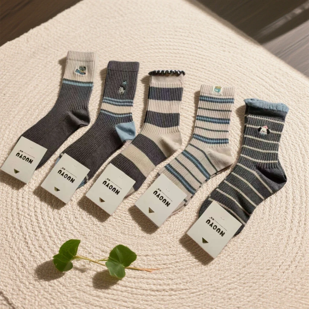 NY兔绒保暖刺绣小狗条纹中筒袜冬季法式