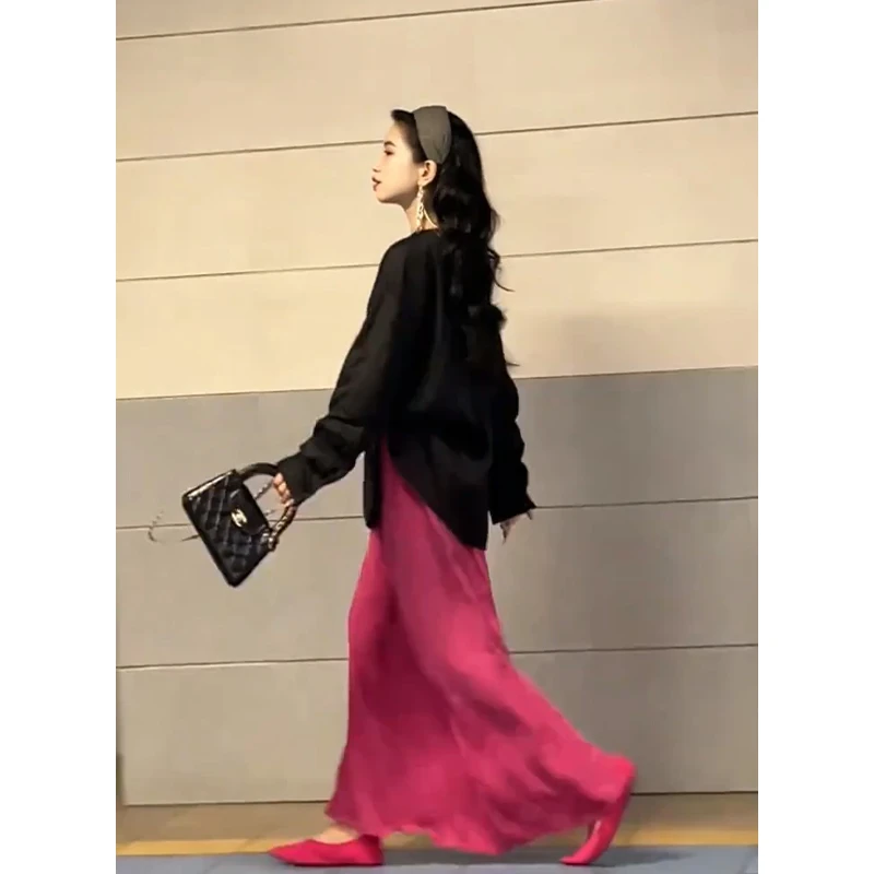 2025秋季新款法式设计感宽松长袖衬衫上衣百搭高腰显瘦开叉半身裙