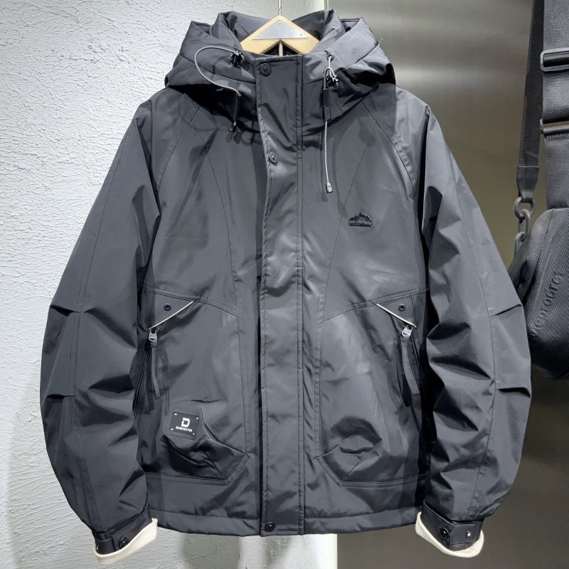 2025新款冬季加厚工装户外白鸭绒羽绒服防风简约男款连帽保暖外套