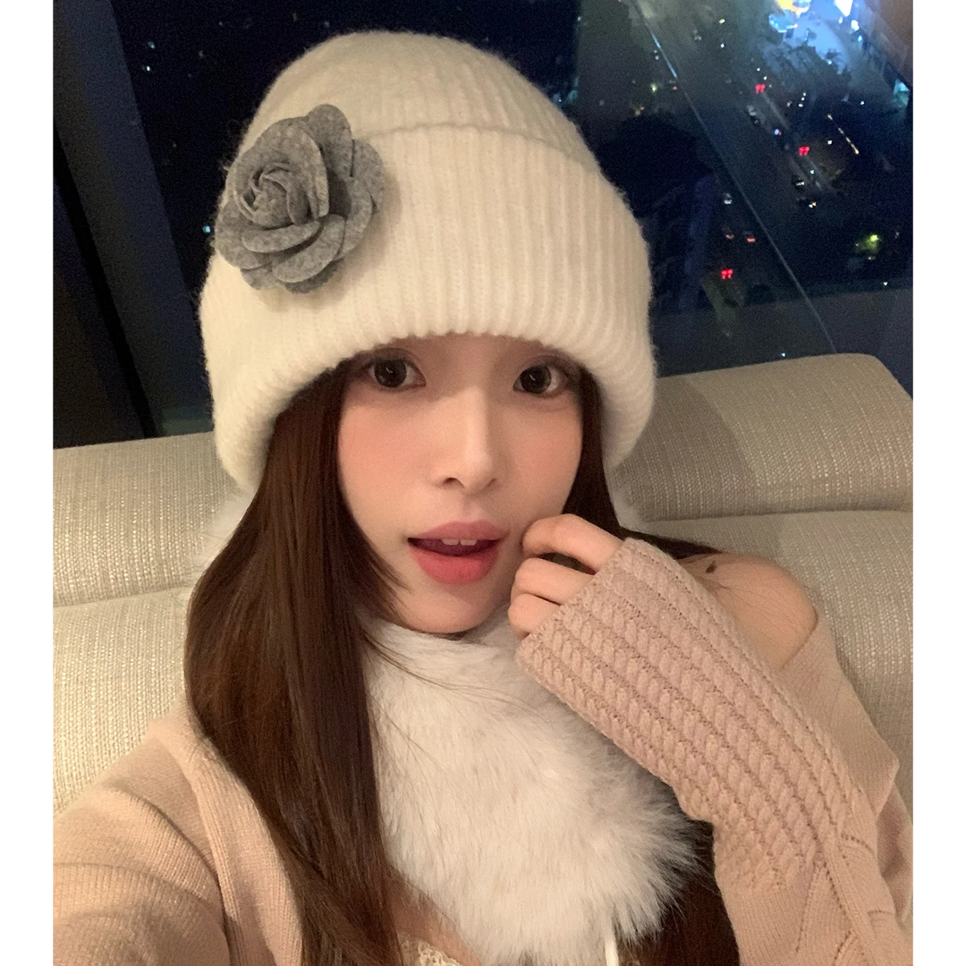 原创款小香风花朵针织帽子女冬季含羊毛大头围保暖毛线帽防寒冷帽