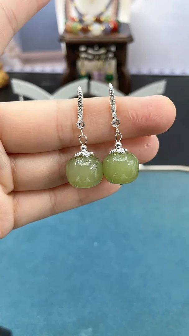 和田玉银S925镶嵌耳饰14mm晴水耳钩*YY