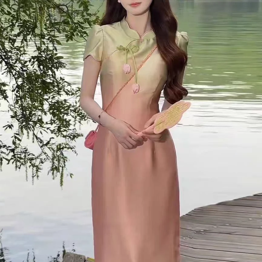 588#新中式渐变色郁金香旗袍连衣裙夏季收腰显瘦国风长裙