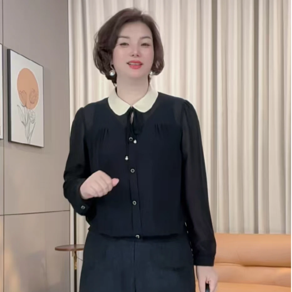 《林李上新》25925时尚新款拼色显瘦气质百搭女装轻奢减龄长袖衬衫
