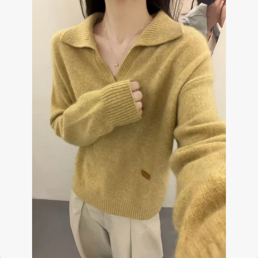 /黄桃翻领/纯色百搭翻领套头长袖针织衫上衣 胸围52衣长54 95398