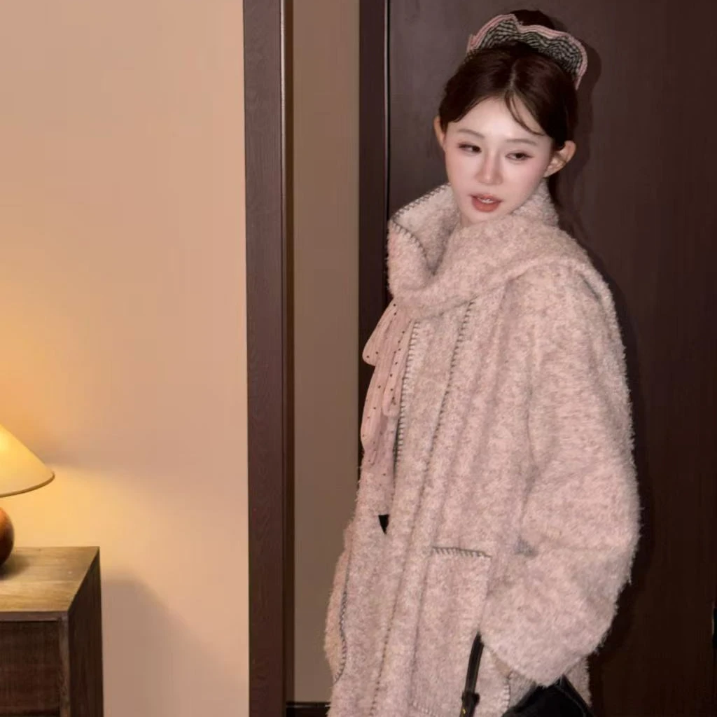 【羊毛】特种绣 配围巾 星黛露色 中山领   软糯 粉色大衣XMZH10341