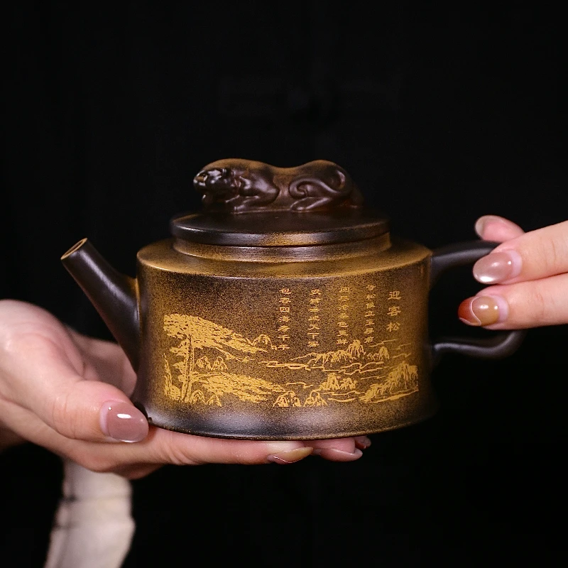 原矿段泥还原烧迎客松卧虎凤鸣壶大容量中式茶壶家用紫砂壶