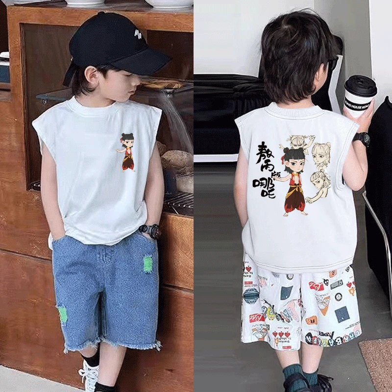 100%纯棉男童潮流哪吒背心T恤夏季新款儿童圆领卡通无袖上衣外穿t