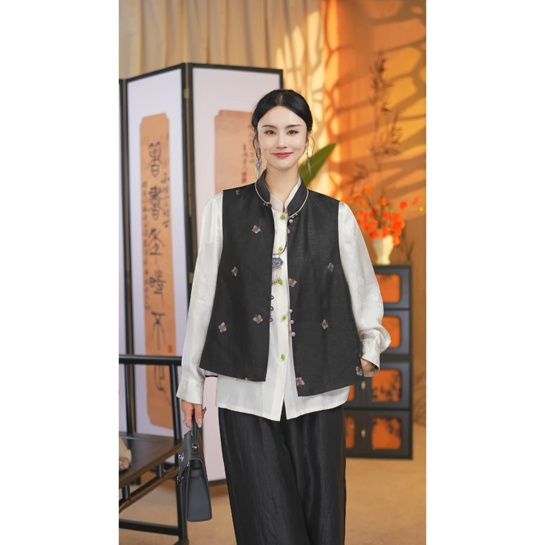 【100桑蚕丝】【双面双穿】马夹唐装中式马甲宽松型气质香云纱85398