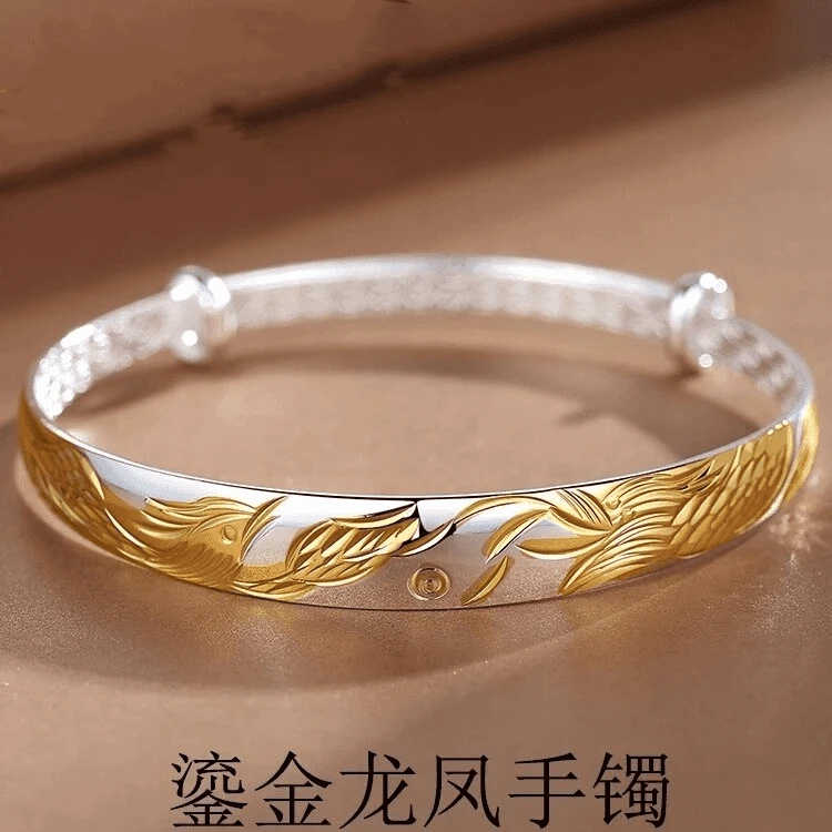 足银手镯 999纯银手镯女古法鎏金实心银镯子生日母亲节礼物送妈妈