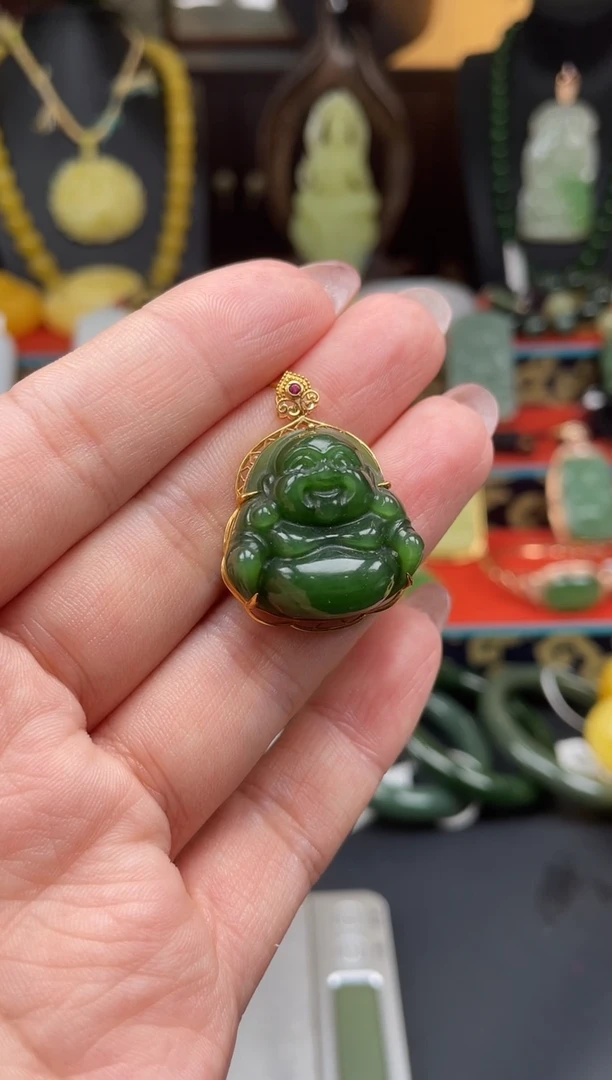 和田玉18K金镶嵌颈饰吊坠ge04