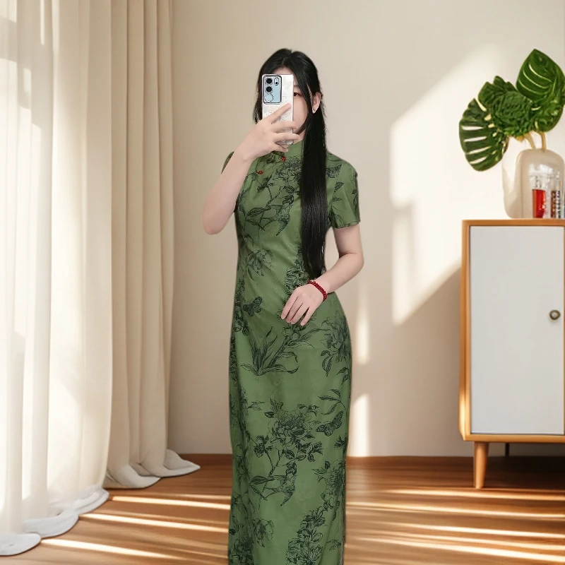 【丹青客】新中式旗袍显瘦绿色新国风裙子连衣裙提花时尚中长款新式