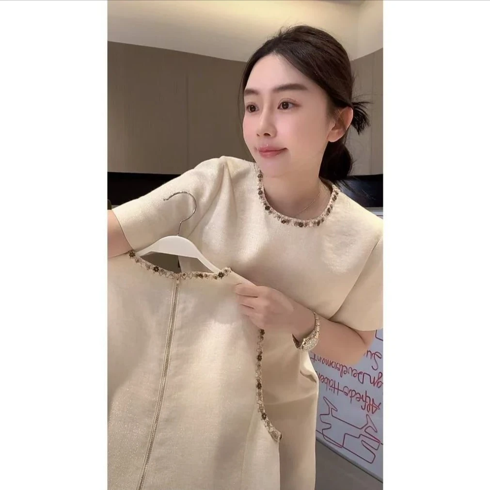 夏季高级时尚气质感彩色钉珠小香风连衣裙ZM7271