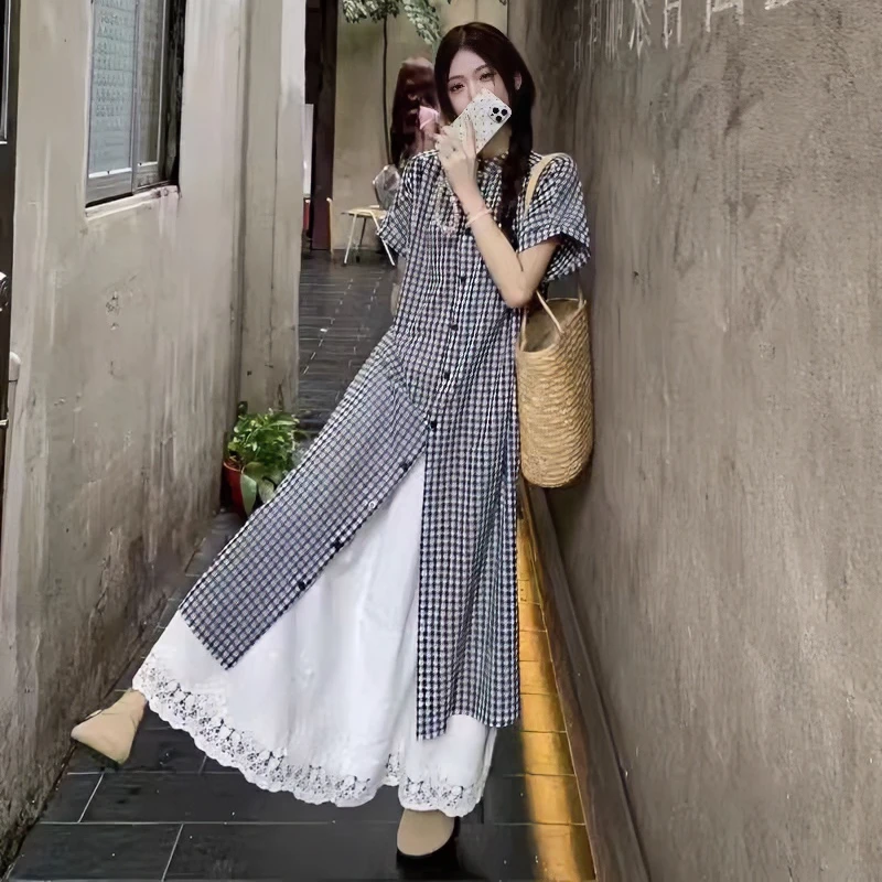 撞色格子衬衫半身裙女夏季新款叠穿复古文艺松弛感小众别致长裙潮