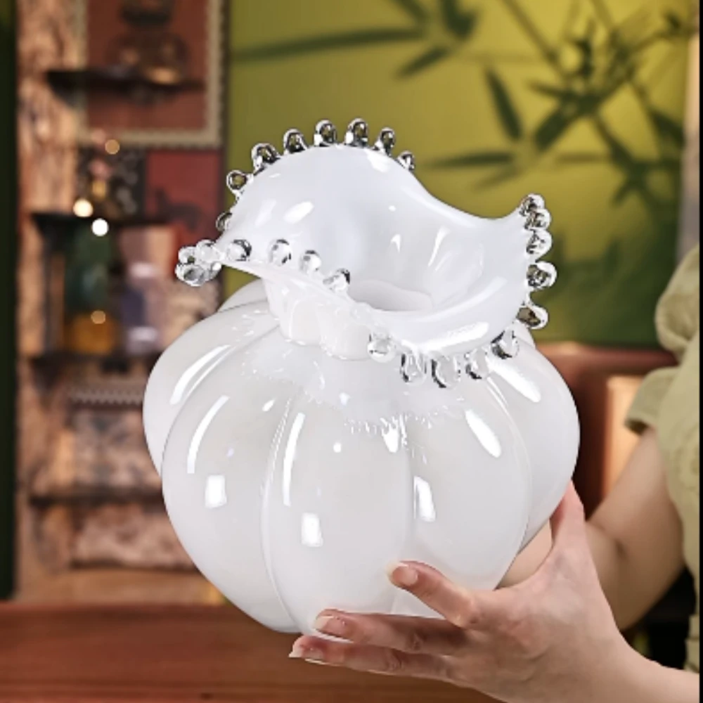 大号中古大肚花瓶摆件客厅水养插鲜花高级感轻奢白色创意简约琉璃