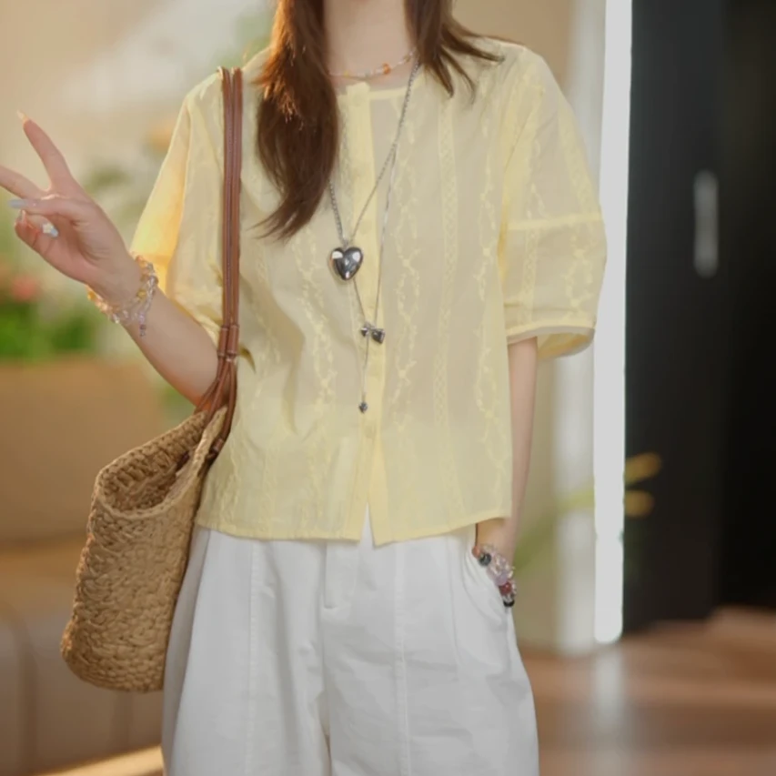 设计感法式圆领短袖上衣2025年夏季新款宽松百搭上衣小众文艺时尚