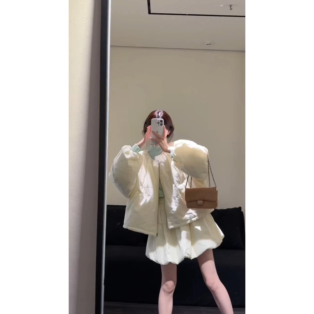 韩系小个子穿搭加厚保暖棉服女洋气百搭半身短裙秋冬新款一整套装