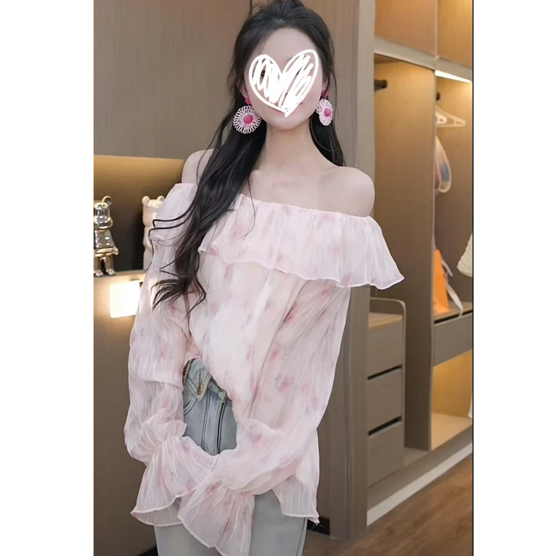 【秀宝女装】法式温柔气质百搭一字肩花朵衬衫-8273