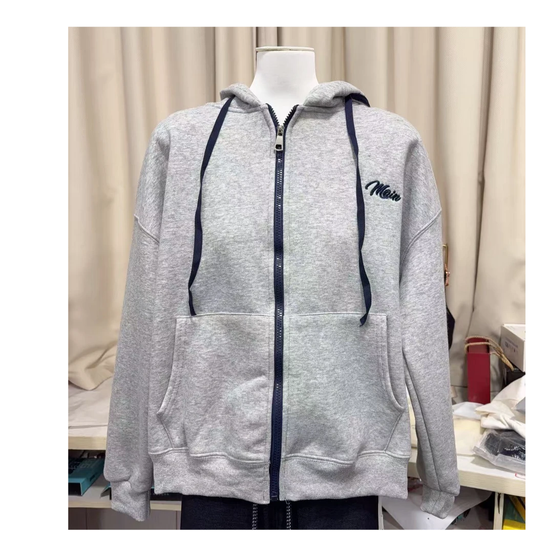 BA家加绒S659灰M刺绣拉链连帽卫衣