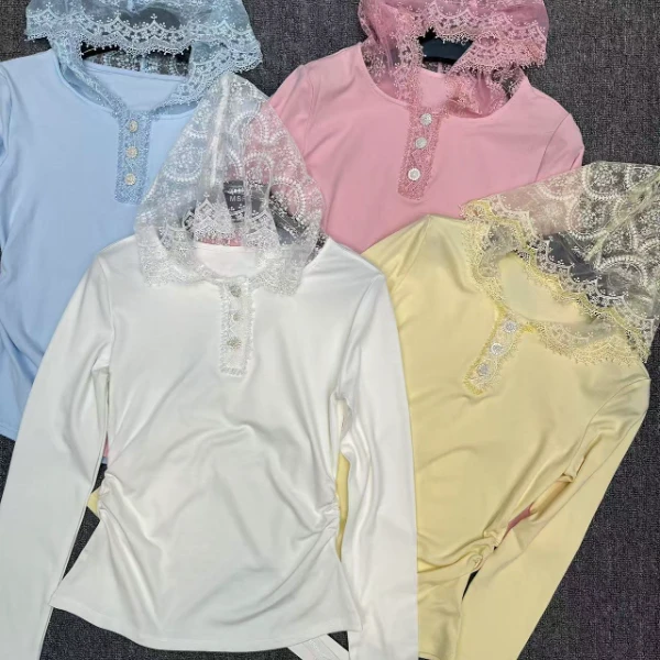 淑雅阁服饰 新款蕾丝边拼接套头帽衫女长袖打底上衣7879