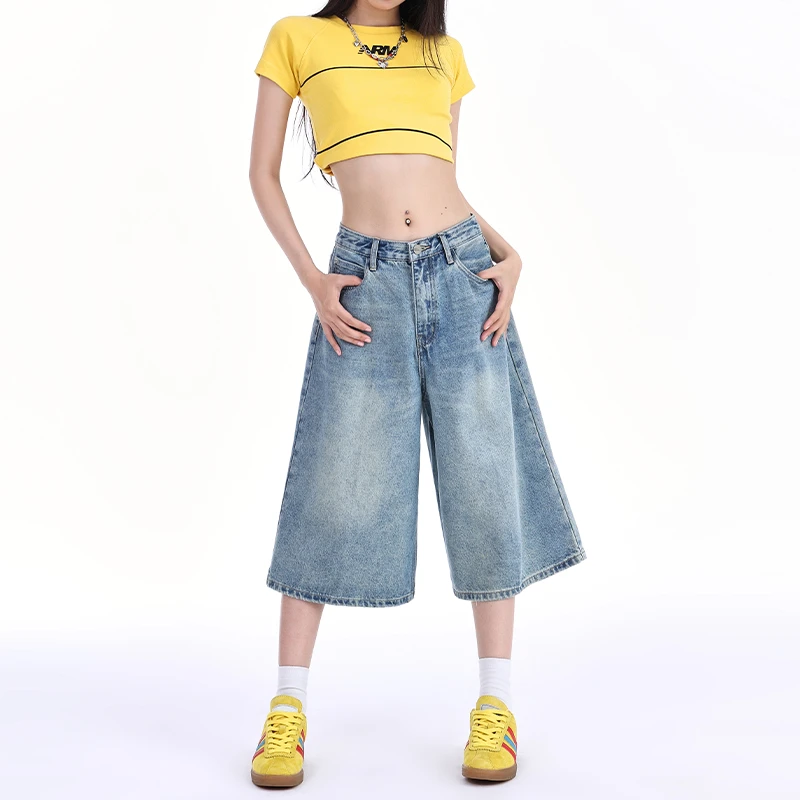 美式浅蓝七分阔腿牛仔裤女2025夏季网红爆款遮胯宽松显瘦直筒中裤