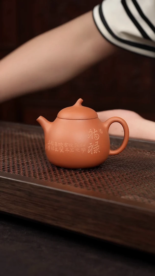 茶壶紫砂老红泥刻绘茄段