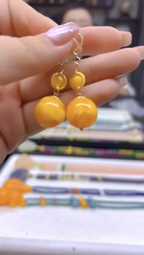 14K金镶嵌蜜蜡耳饰DIY款E496