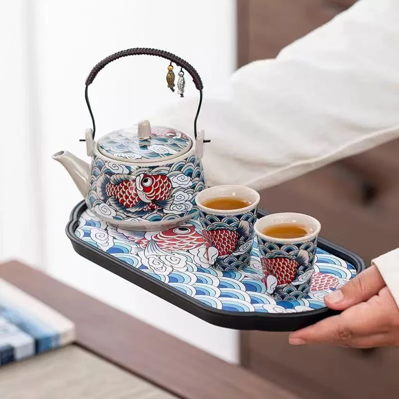 汝窑锦鲤提梁壶带两杯带茶盘