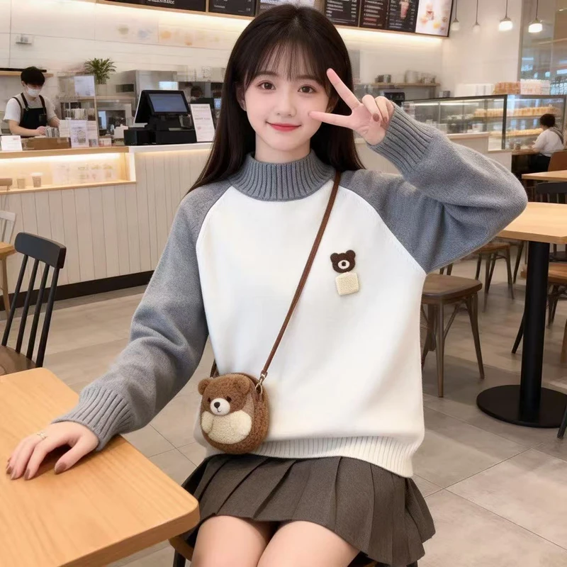 中小学生半高领拼色小熊毛衣少女秋冬加绒韩版内搭大童打底针织衫