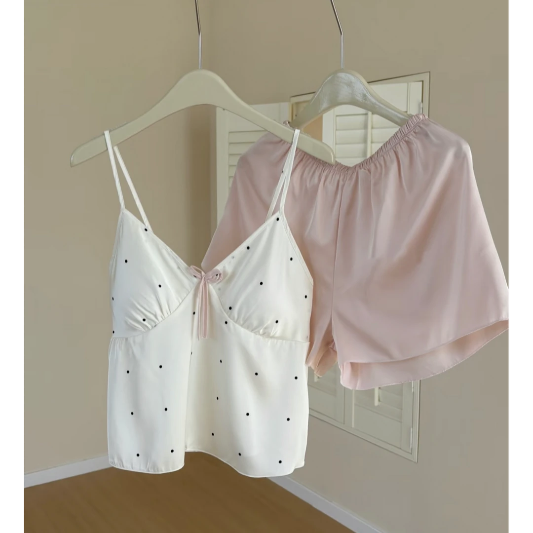 【草莓奶昔】法式甜美纯欲波点吊带短裤睡衣薄款带胸垫家居服套装女