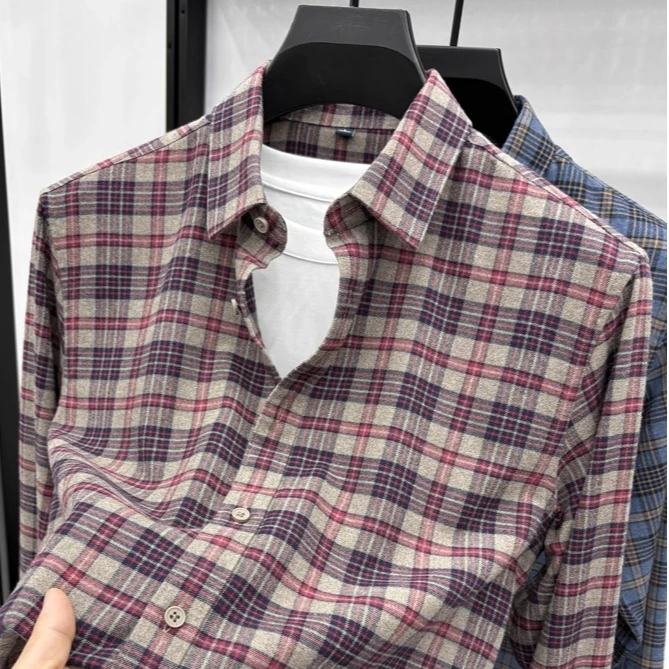 John Bunni复古格子长袖男士衬衫秋冬磨毛时尚休闲百搭衬衣外搭潮