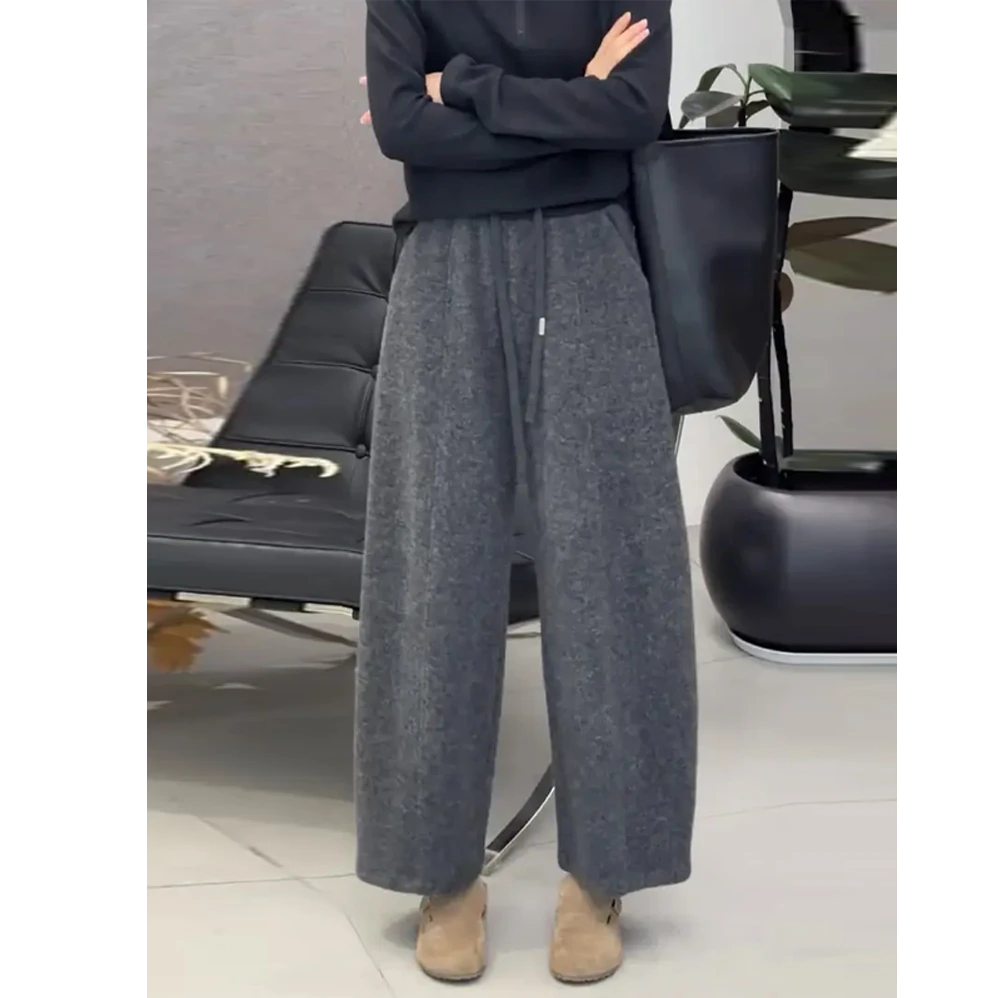 灰色呢子阔腿显瘦休闲裤女2025秋冬新款时尚百搭松紧腰萝卜九分裤