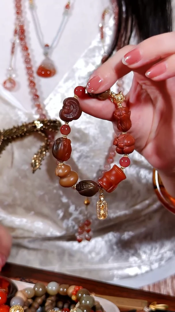 银S925镶嵌老盐源玛瑙/玉髓八宝手链