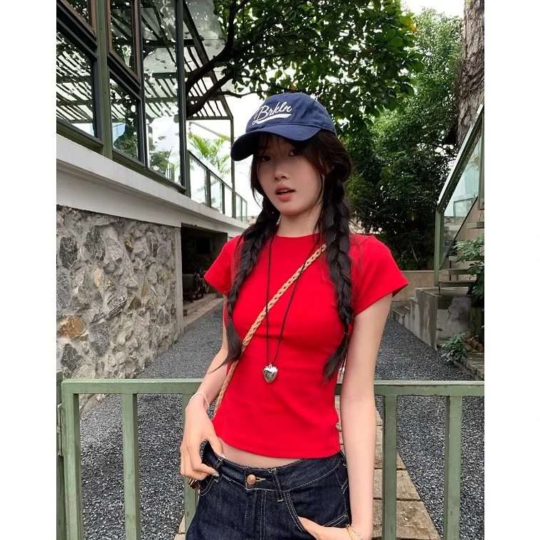 版型超正 纯色正肩神仙百搭简约圆领修身显瘦短袖T恤上衣女