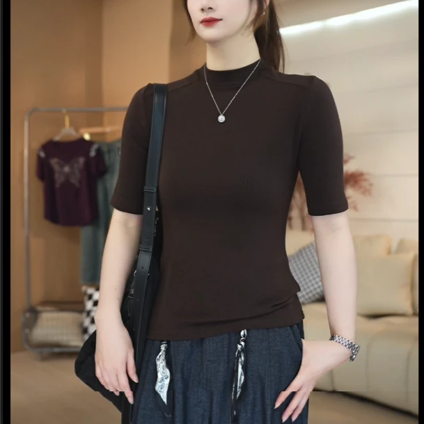 SHUOBAI/说白【仿羊绒】2084# 立领-中袖 遮肉修身显瘦时尚领T恤