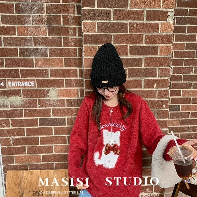 【宠粉回馈】马西西大码女装慵懒蝴蝶结小猫毛衣冬胖mm圆领针织上衣