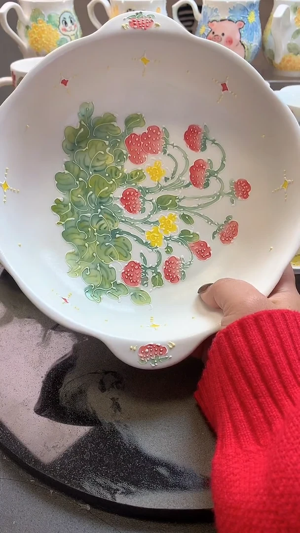 一味*手绘*草莓满天星双耳盘