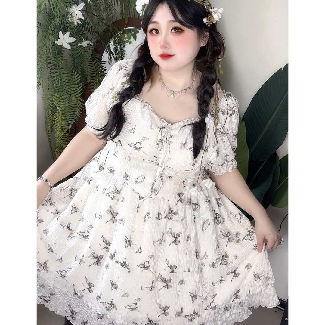 少女心肆【枯木逢春】灰色蝴蝶侧拉链V领方领系带夏季大码女连衣裙