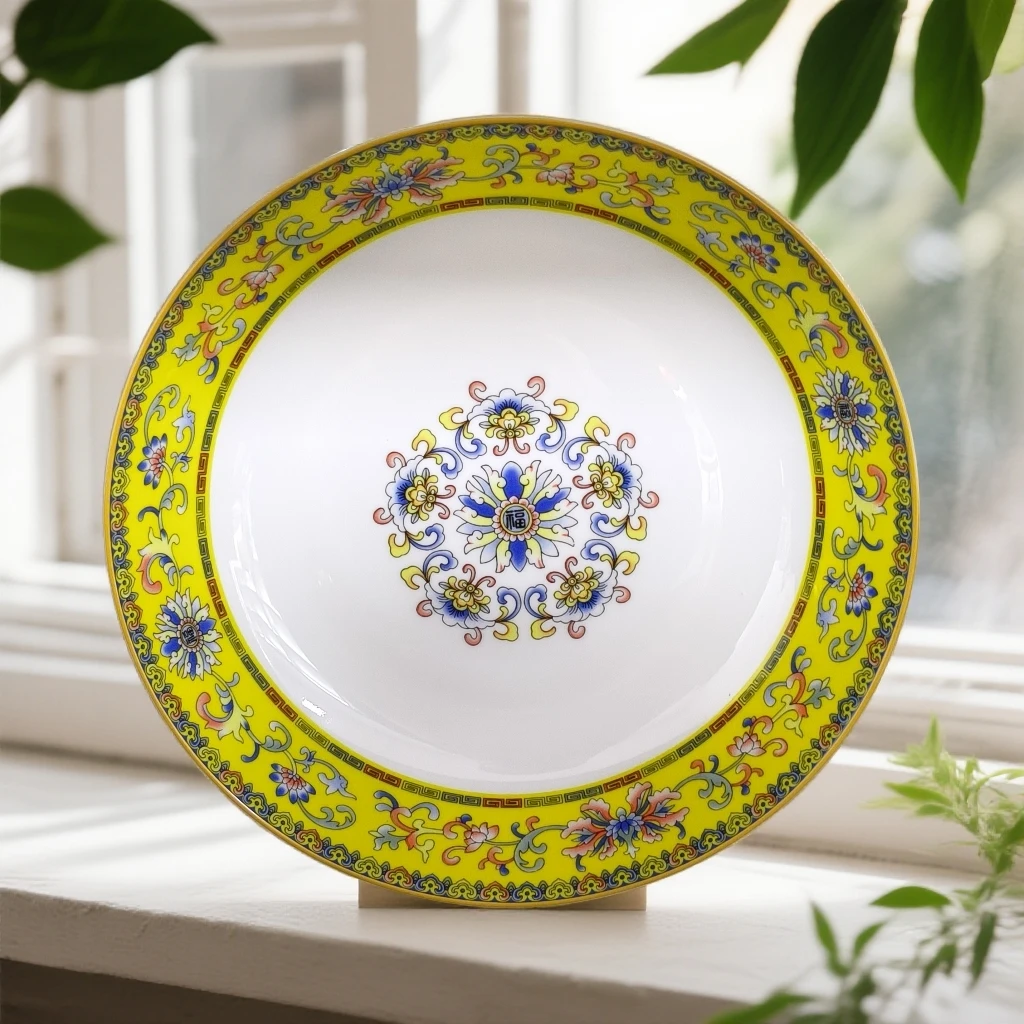 帝王黄珐琅彩缠枝莲8英寸盘口径21cm