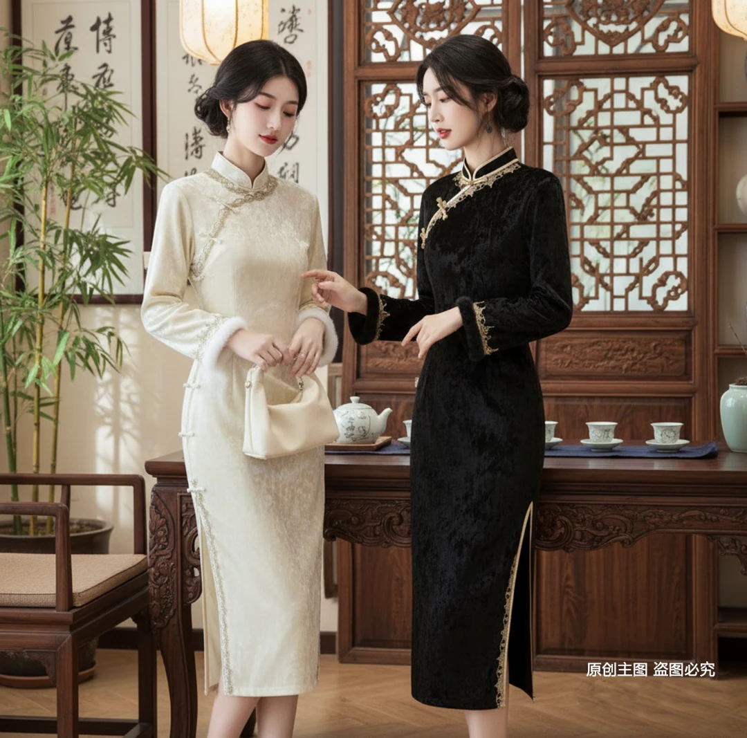 【语嫣】冬季少女小个款加绒保暖复古新中式旗袍优雅显瘦日常连衣裙