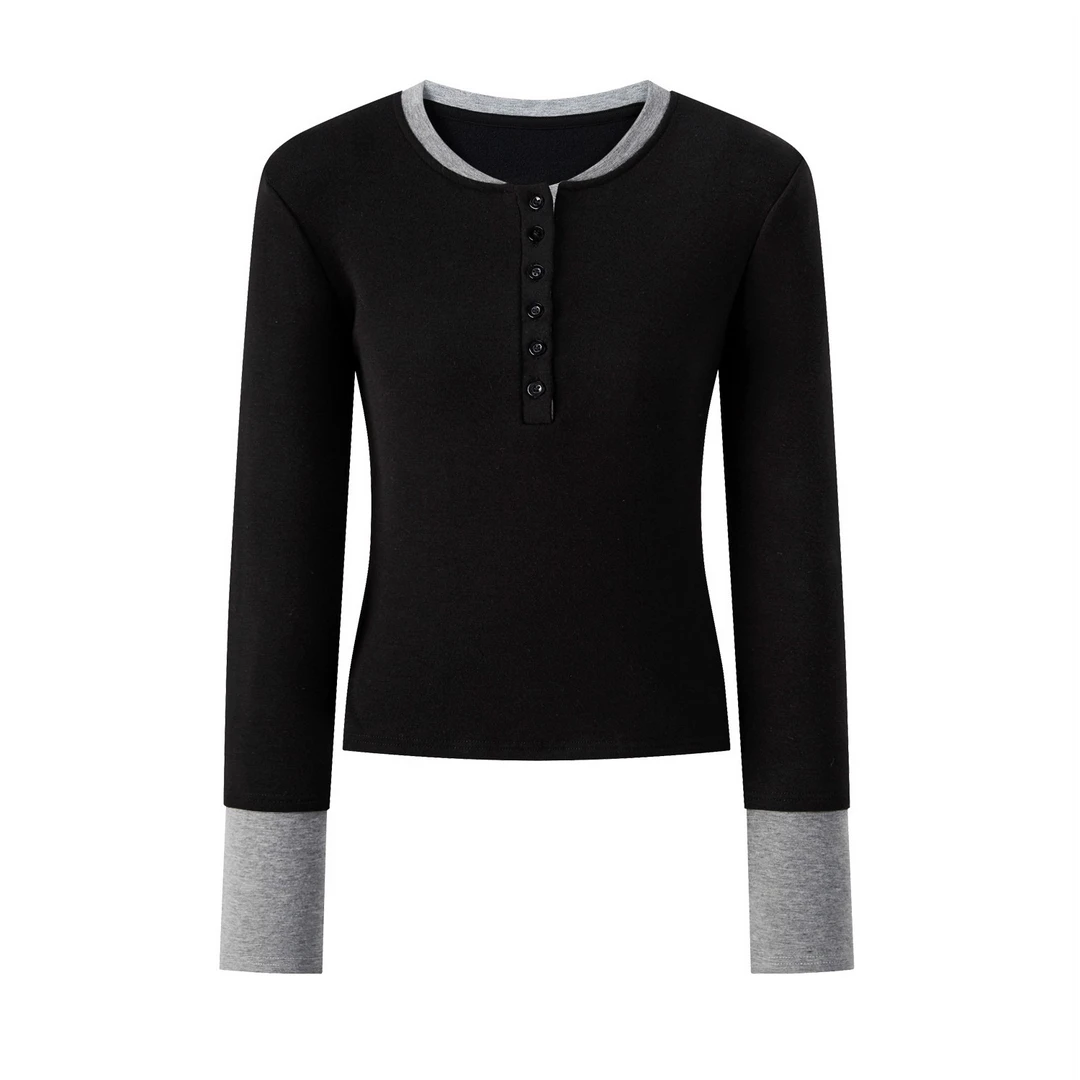 羊城故事-假两件拼接圆领t恤女秋季新款修身显瘦长袖上衣8664