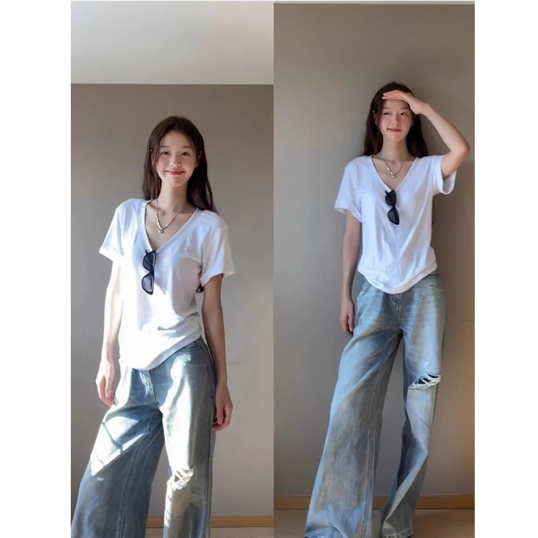 【UBKA】简约正肩短袖T恤女夏季设计感辣妹宽松显瘦纯色v领百搭上衣