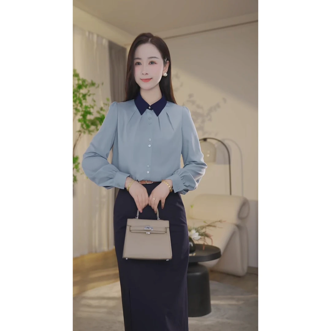 【杨杨专属】专柜秋季新款气质减龄女小众衬衣显瘦8593306灰蓝色