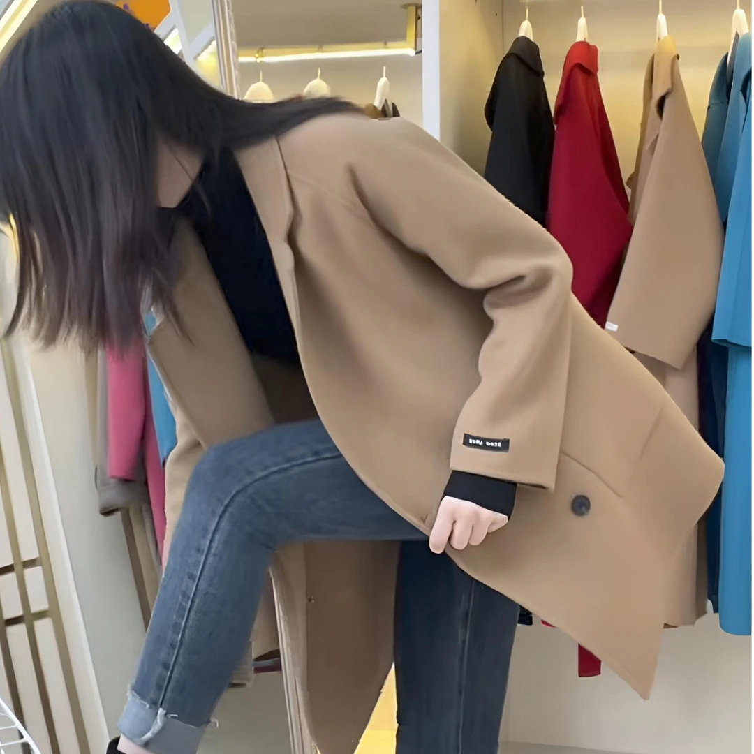 2025新款双排扣中长款双面毛呢大衣显瘦百搭时尚气质外套女
