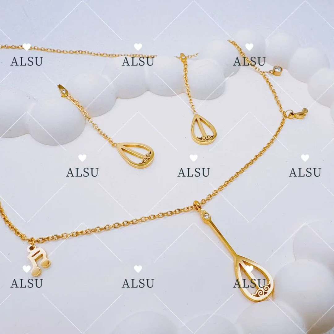 合金锆石项链 ALSU原创经典设计师款冬不拉项链耳钉两件套时尚