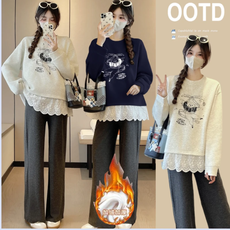 设计感蕾丝边加绒孕妇卫衣女秋冬季时尚印花宽松显瘦孕妇上衣潮妈