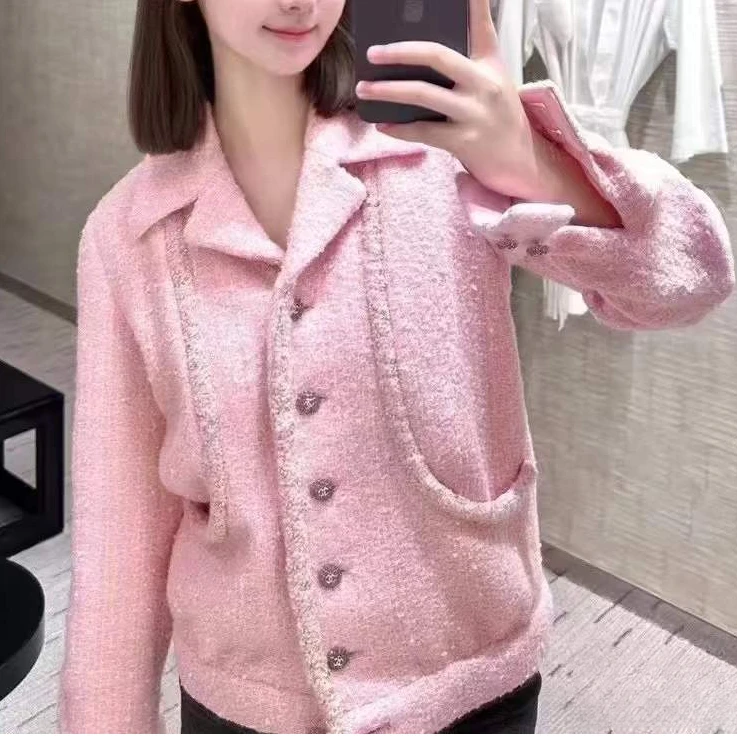 99新 Chanel/香奈儿 34码23K秋冬爆款粉色编织粗花呢外套