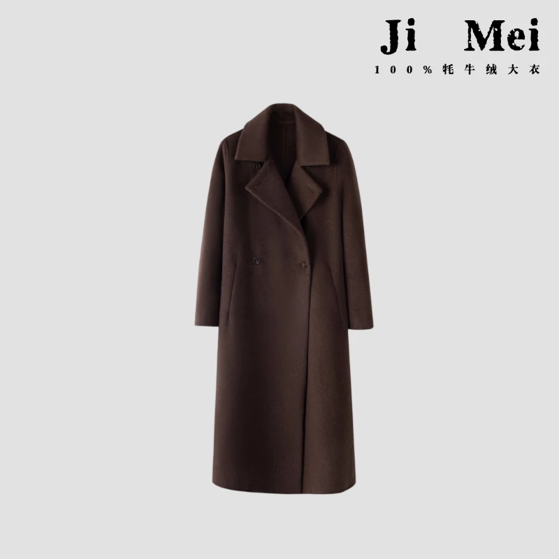 【双门襟正肩】轻奢牦牛绒秋冬女西装领腰带长款双面绒大衣N8012