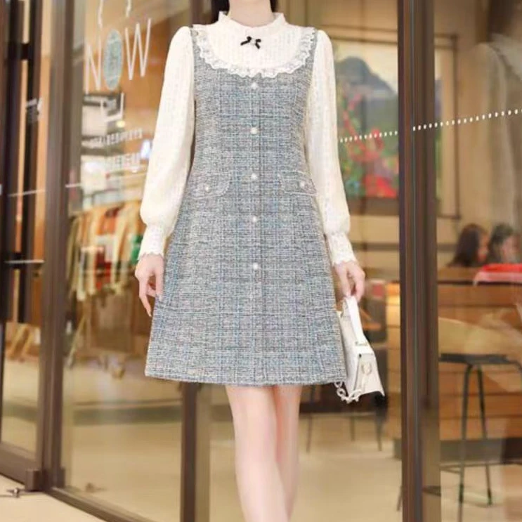 春秋秋冬小香风灯笼袖秋装名媛修身复古针织气质连衣裙格子